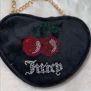 JUICY COUTURE BLACK VELVET HEART SHAPED CHERRY STUDDED CROSSBODY BAG